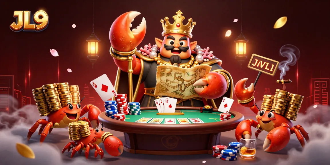 Experience the excitement of JL9 with a cartoon crab emperor amid vibrant casino elements.