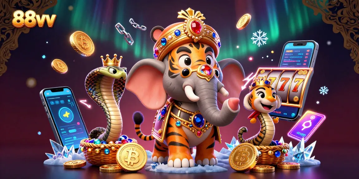 Engage in thrilling action with 88vv, featuring a regal maharaja tiger and poker elements amidst a dynamic casino scene.