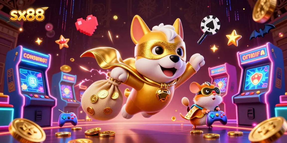 Swing into action with the sx88 superhero dog winning big with gold coins in a vibrant casino game scene.