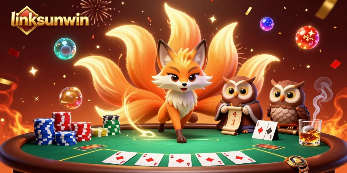 Join the fun at linksunwin with a vibrant poker scene featuring a glowing fox and wise owl.