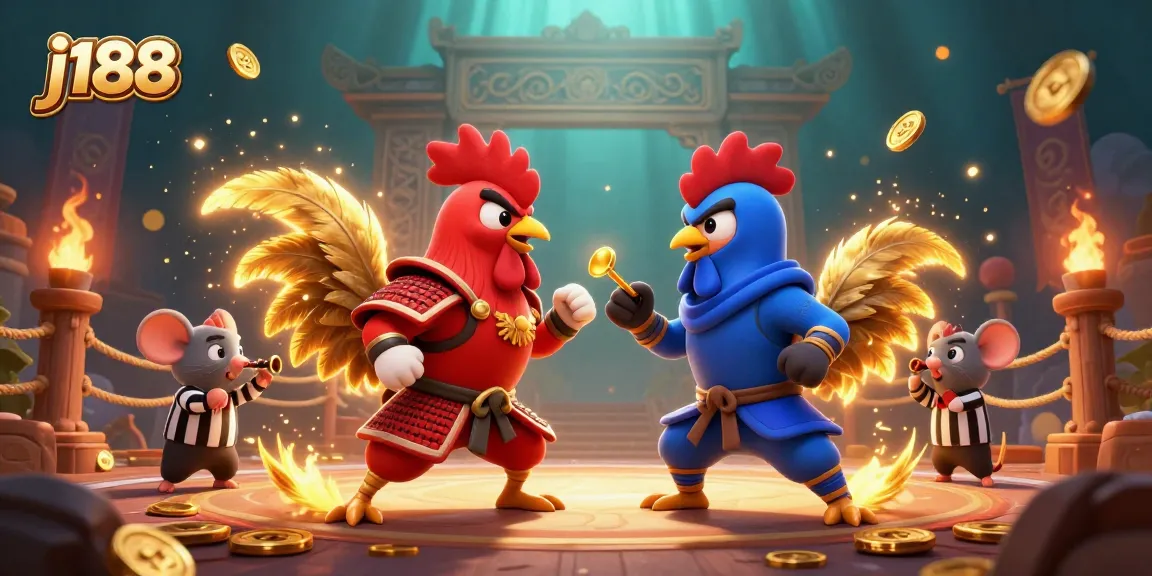 Engage with j188's thrilling rooster standoff in a vibrant casino-themed showdown.