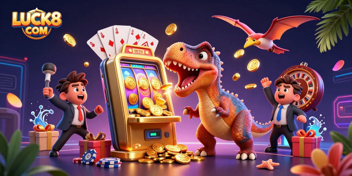 Experience a jackpot explosion at LUCK8 COM, where colorful coins fly from a golden slot machine.
