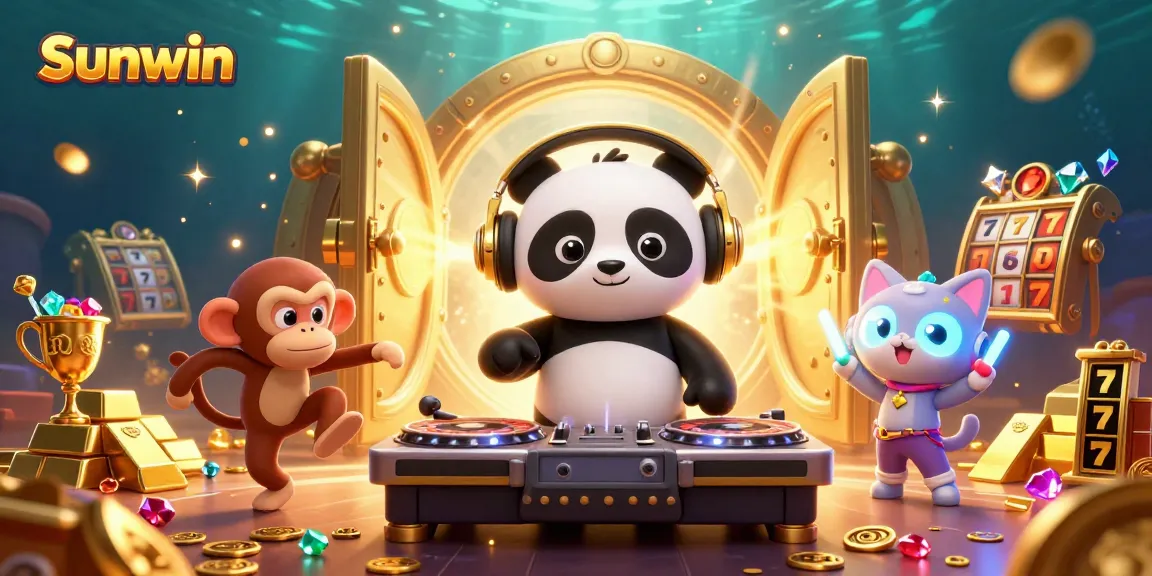 Sunwin's vibrant casino experience with a DJ panda spinning and animated characters enjoying the games.