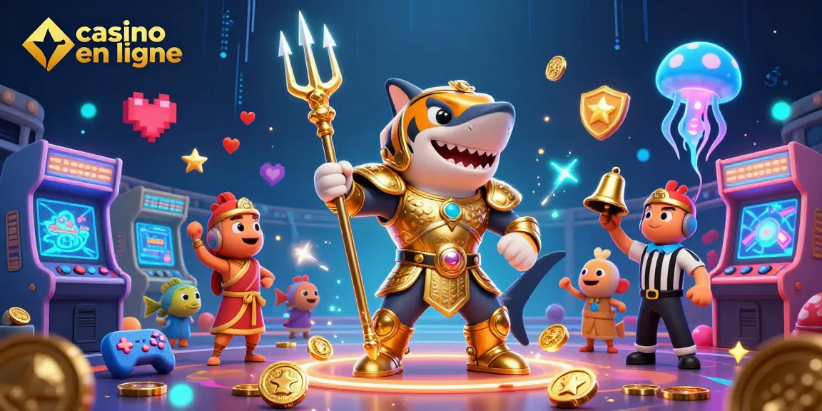 Activités au casino en ligne avec un poisson-tigre et un requin dans une scène animée.