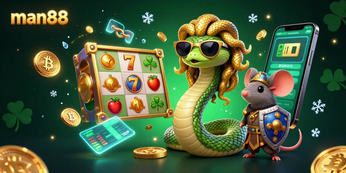 Spin the slot reels with man88's friendly Medusa and mouse in an exciting casino scene.