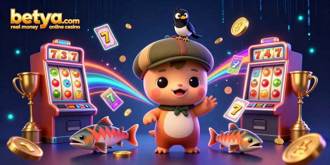 Experience excitement at betya.com real money online casino with colorful reels spinning and charming characters.