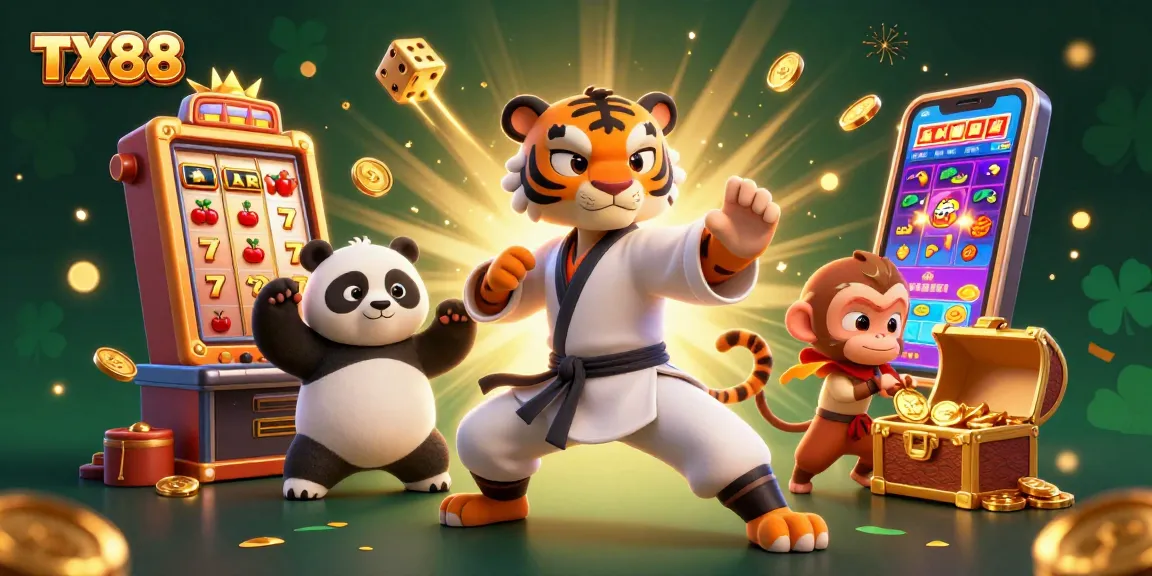 TX88 gamers capture big wins in a vibrant casino setting with kung fu characters and dynamic slot elements.