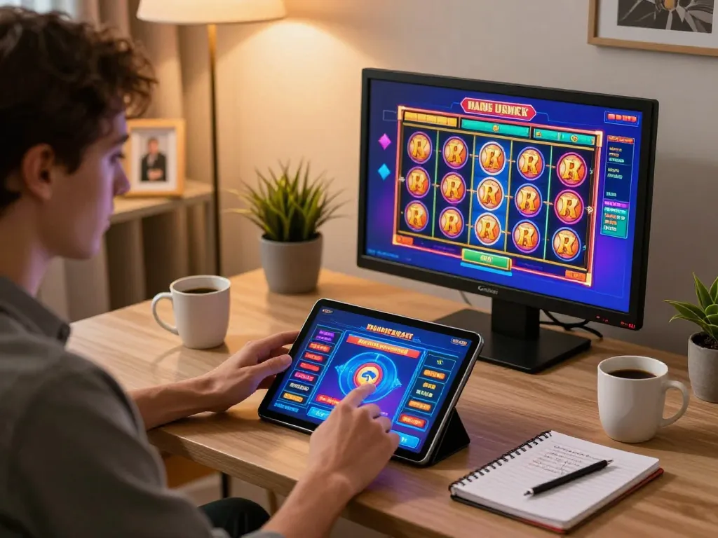 Engage with the exciting qq8827 slot machine interface on a tablet, enjoying personalized online gambling experience.