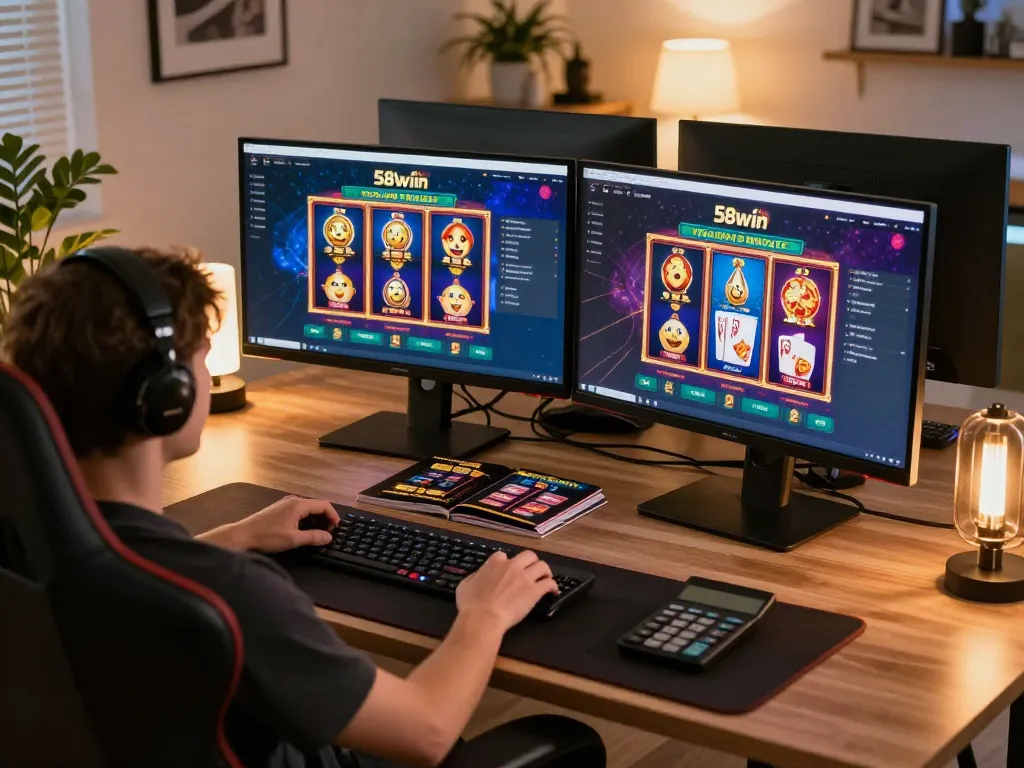 Player engaging with 58wiin's online casino games on dual monitors, showcasing strategy tools