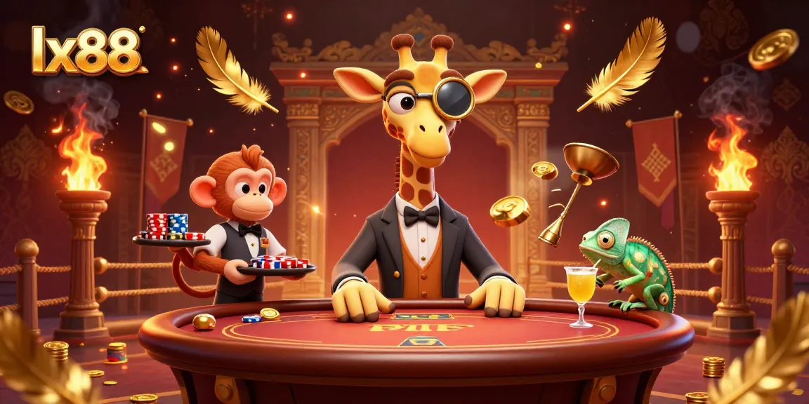 Experience the excitement of lx88 with a lively 3D scene featuring a high-roller giraffe at a poker table.