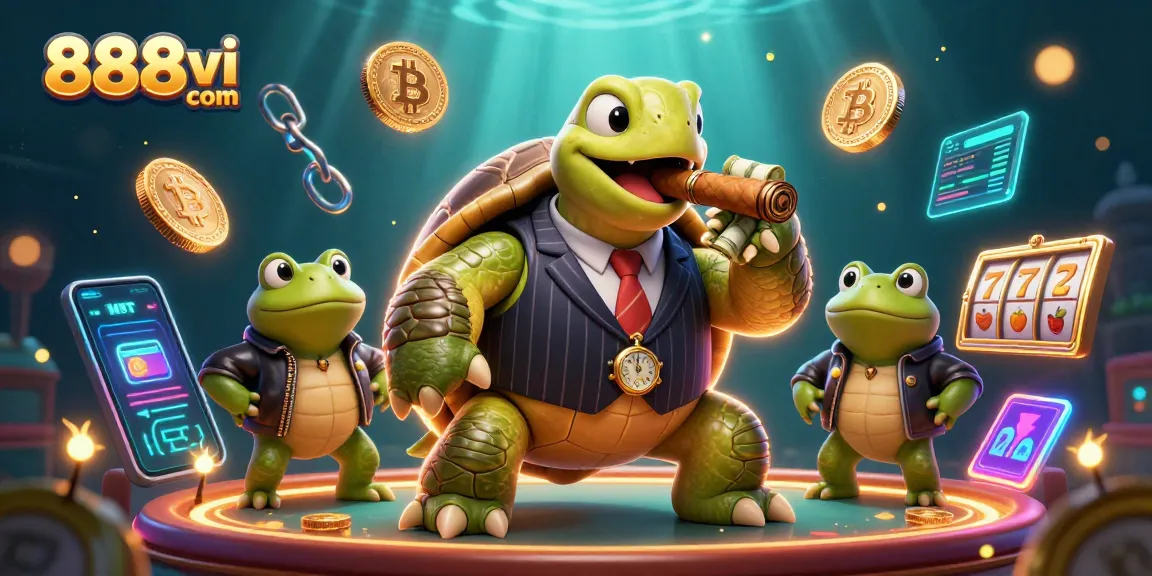 Experience the excitement of 888vi com with a colorful casino scene featuring a turtle in a mobster suit.