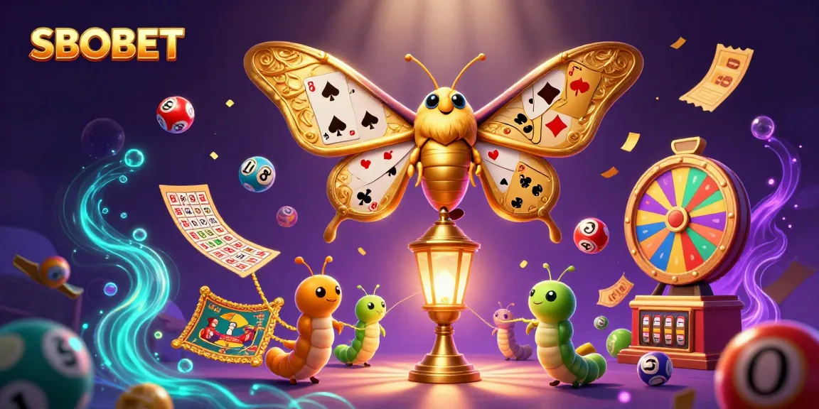 SBOBET hosts an energetic casino scene with a vibrant cartoon moth and playful lottery elements.