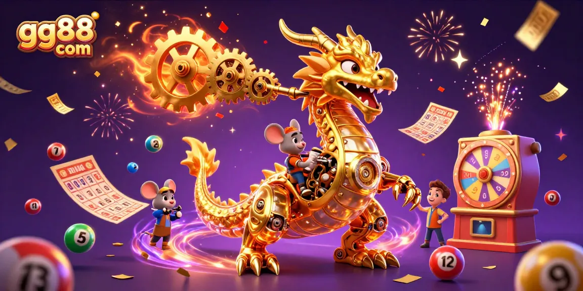 Experience thrilling gaming with gg88 com's vibrant casino scene featuring a golden dragon, lottery balls, and prizes.