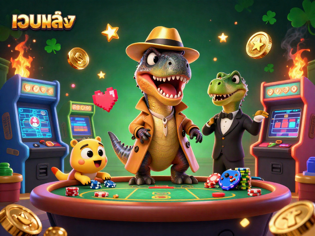 Experience the thrill of เว็บตรง with a cartoon velociraptor card counter at a vibrant casino table.