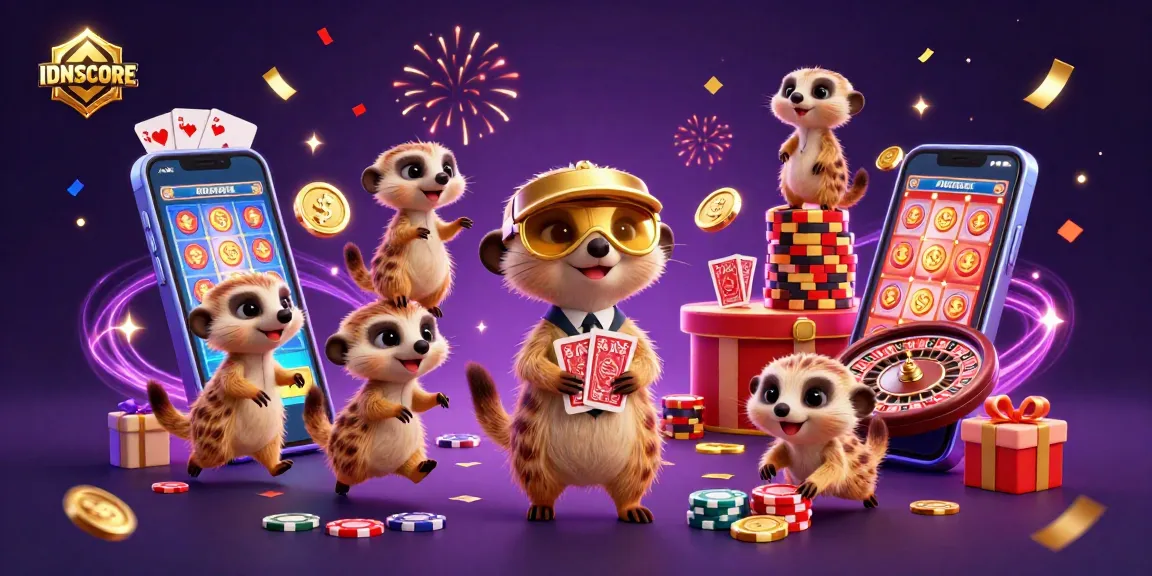 IDNSCORE showcases a lively casino scene with meerkats gaming, capturing the thrill of online slots and poker.