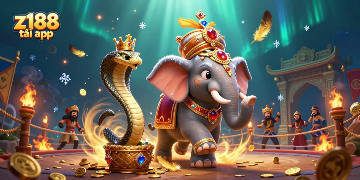 Engage with the action of z188 tải app featuring an ornate maharaja tiger, jewel-encrusted elephant, and captivating casino elements.