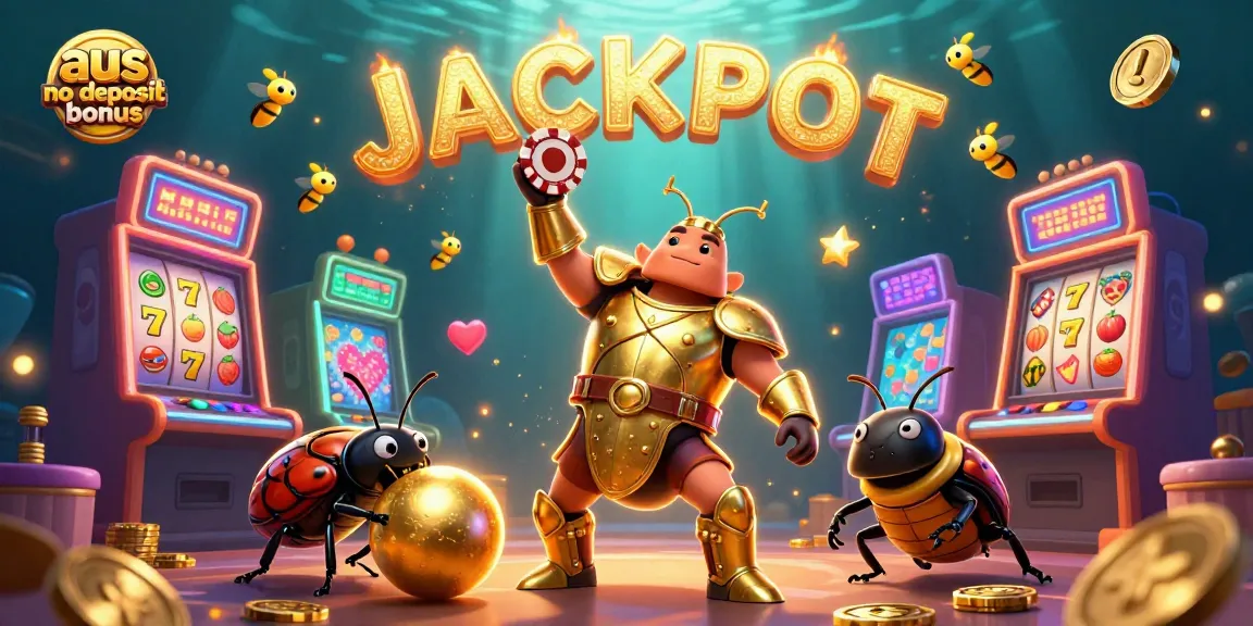 Claim your aus no deposit bonus with a victorious hercules beetle at a vibrant casino scene.