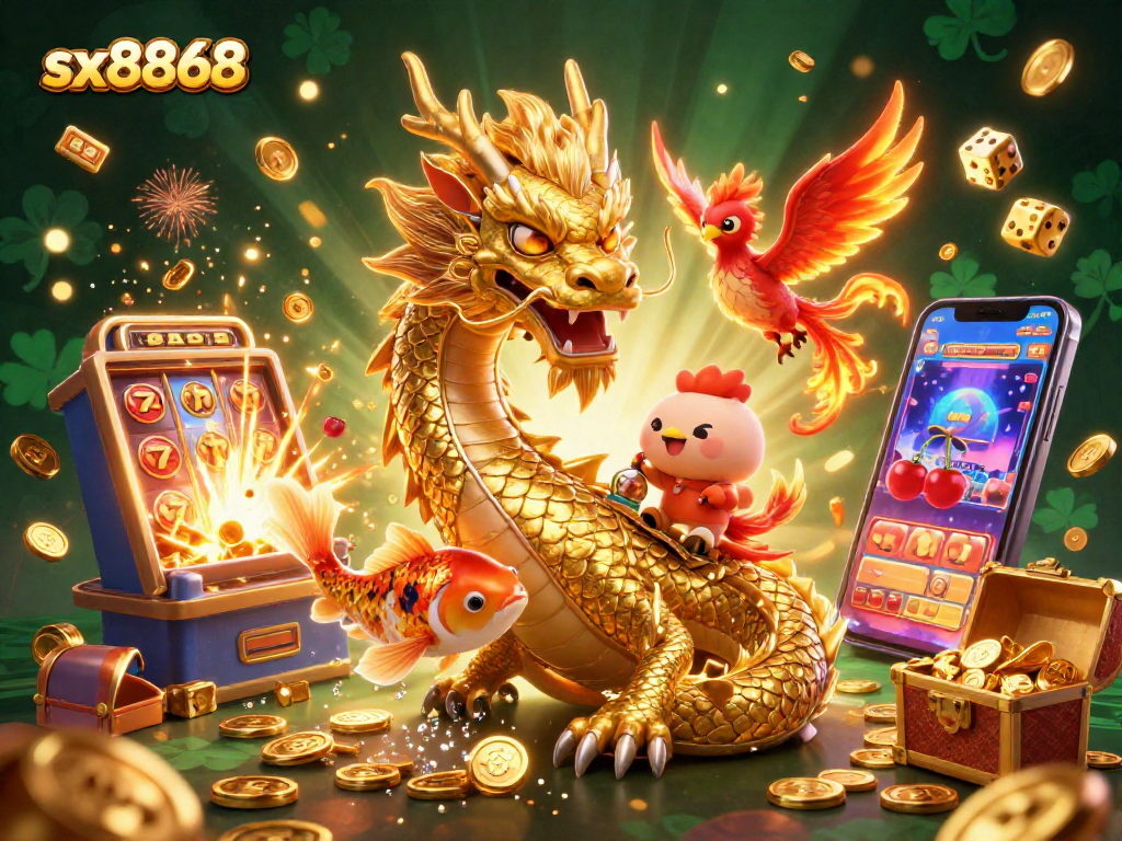 Experience the thrill of sx8868 with a dynamic gambling scene featuring a dragon, phoenix, and lucky koi.