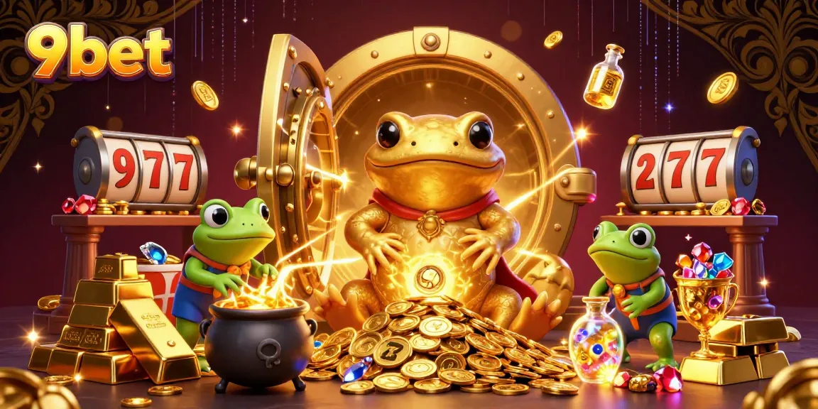 Engage in thrilling gaming action with 9bet's vibrant 3D casino scene featuring gold coins and slot elements.