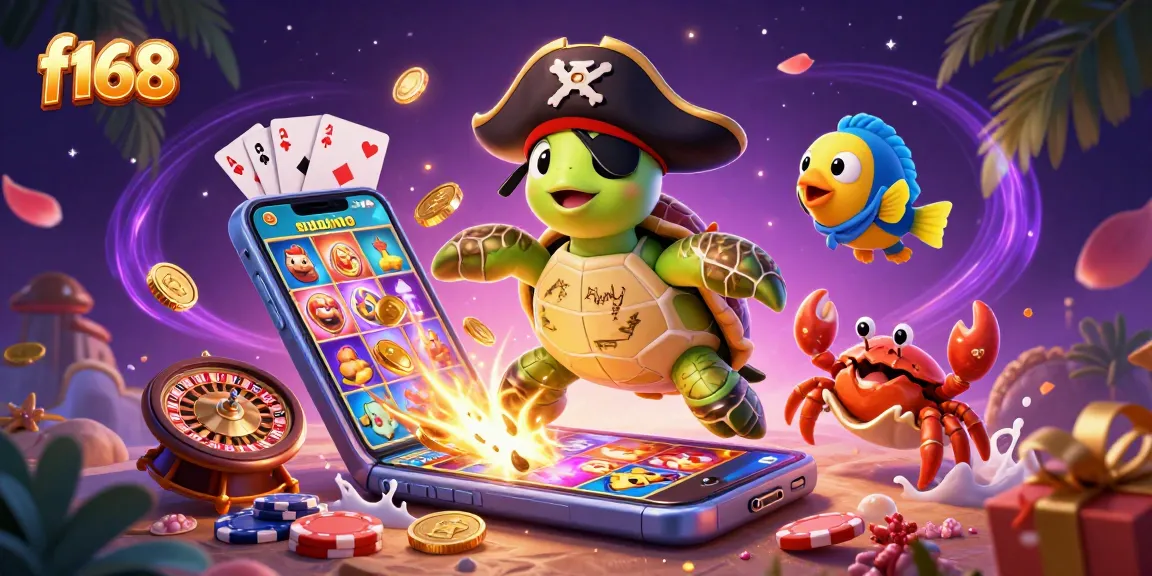 Experience the excitement of f168 with a vibrant 3D casino scene featuring a playful pirate turtle, crab, and parrotfish.