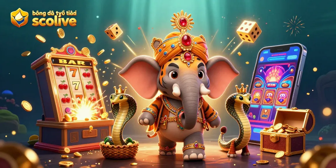 Engage with bóng đá trực tuyến socolive in a vibrant casino scene featuring a tiger, elephant, and snake.