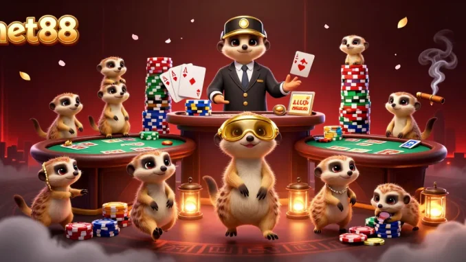 Net88 meerkats winning chips at a vibrant online casino with poker themes.