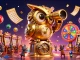Engage in thrilling games at alo8b, with a golden owl overseeing a vibrant casino scene filled with excitement.