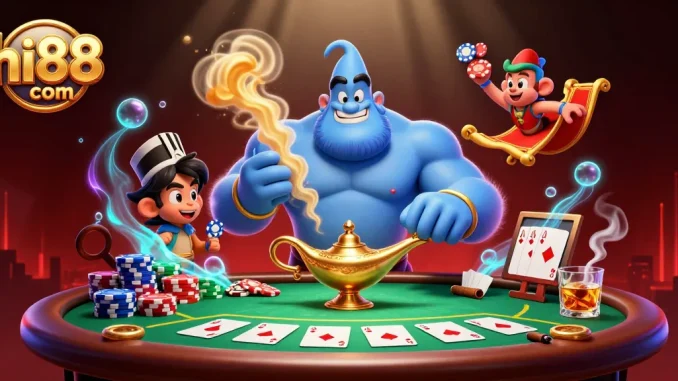 Engage in thrilling gameplay at hi88 com with an exciting 3D casino scene featuring dynamic characters and poker elements.