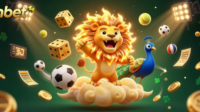 nbet showcases a vibrant sports betting scene with a roaring lion, golden dice, and dynamic sports elements.