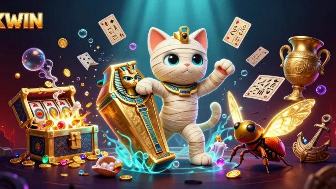KWIN casino illustration with a mummy cat, treasure chest, and glowing cards, engaging players in excitement.