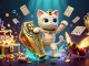 KWIN casino illustration with a mummy cat, treasure chest, and glowing cards, engaging players in excitement.