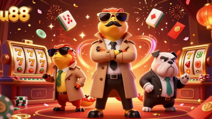 Experience the fun with lu88 as raptors in disguise attempt VIP casino entry among festive elements.