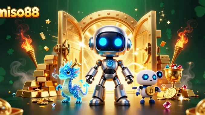 Experience thrilling wins at miso88 with dynamic 3D illustration featuring a cyberpunk robot and AI dragon.