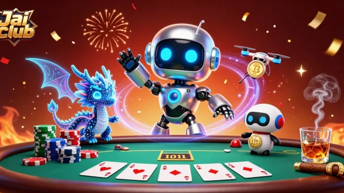 Win big with Jai club at this vibrant 3D casino scene, featuring exciting poker elements and playful characters