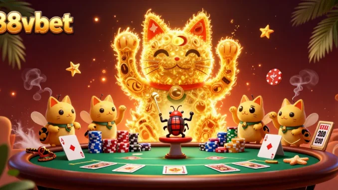 Experience 88vbet's vibrant gaming world through a dynamic 3D illustration of a lucky cat and casino elements.