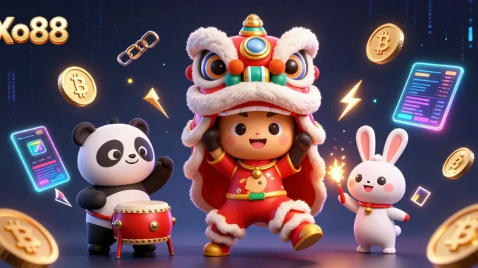 Xo88 showcases a lively Chinese New Year celebration with vibrant characters and crypto elements.