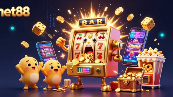 Celebrate jackpots with net88's golden slot machine and cheering baby slots in vibrant 3D illustration.
