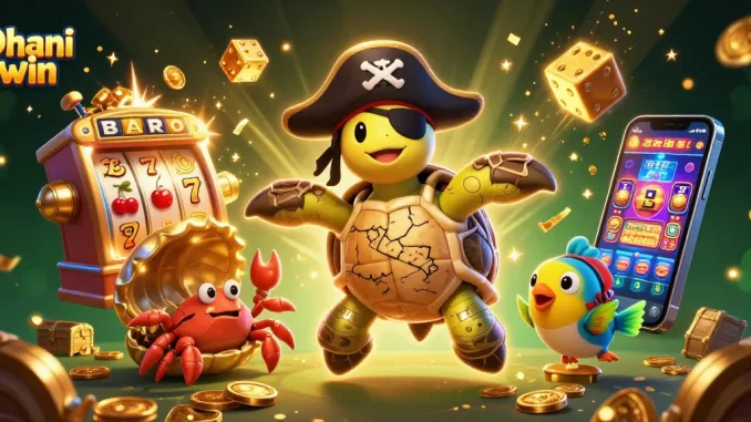 Dhani win games illustrated with a pirate turtle, treasure, and vibrant casino elements.