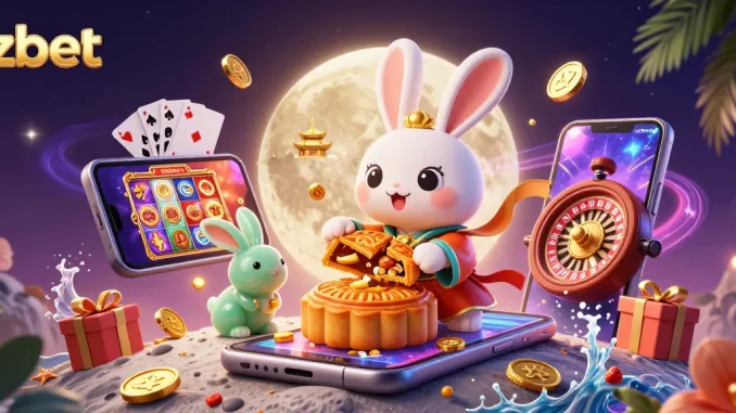 Experience zbet's exciting gaming with a moon rabbit and poker-themed lunar scene.