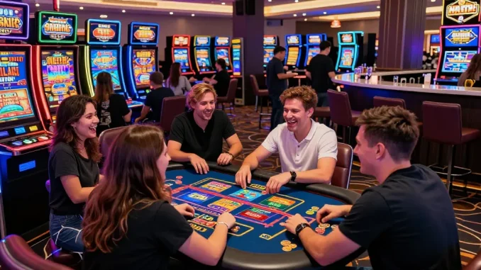 LC88 casino gaming scene with diverse players enjoying Nổ hũ slots, lively atmosphere.