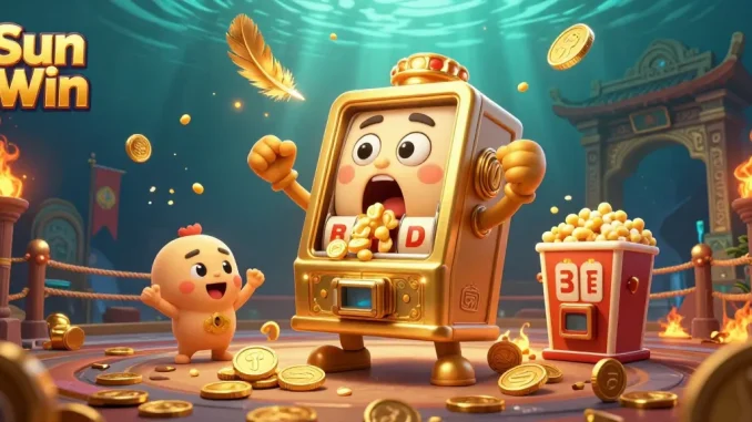 Spin to win with Sun Win's golden slot machine hitting the jackpot in a vibrant casino scene.