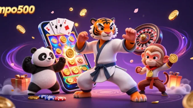 Experience action with mpo500 as playful characters engage in a vibrant casino scene full of games.