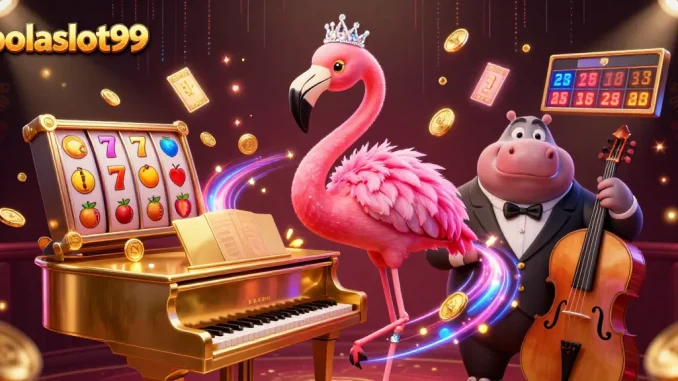 Experience the vibrant scene at bolaslot99 with a flamingo singer and hippo bassist in a casino
