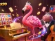 Experience the vibrant scene at bolaslot99 with a flamingo singer and hippo bassist in a casino