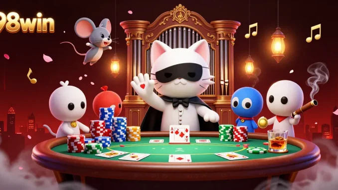 Engage with 98win's vibrant casino scene featuring an acrobat, poker elements, and a mystical ambiance.