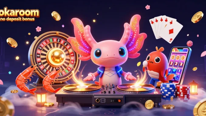 Experience the excitement of jokaroom no deposit bonus in this vibrant 3D casino scene featuring a DJ axolotl and glowing characters.