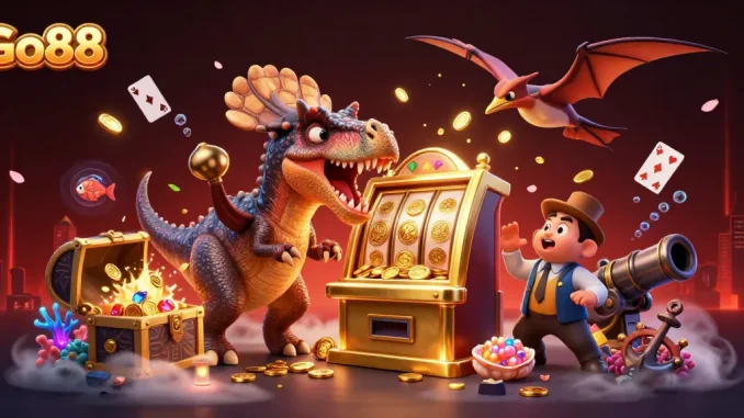 Go88 brings excitement to life as dinosaurs celebrate jackpot wins in a vibrant casino scene.