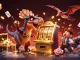 Go88 brings excitement to life as dinosaurs celebrate jackpot wins in a vibrant casino scene.