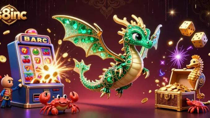 Experience the excitement of s8inc with a vibrant casino-themed illustration filled with games and treasures.