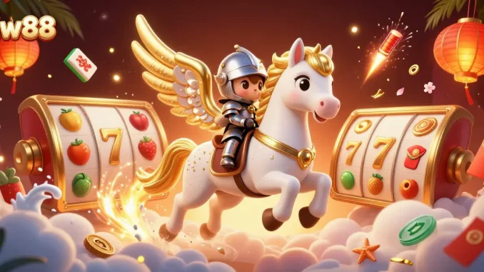 Experience thrilling gameplay with jw88's slot reels surrounded by dazzling characters and festive decorations.